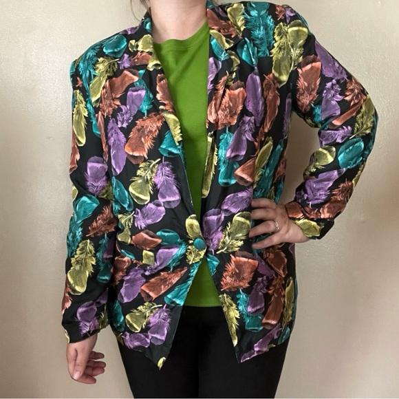 Carol Horn Vintage 100% Silk Allover Feather Print Blazer Multicolor - Picture 1 of 6